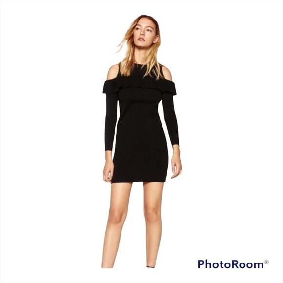 ZARA KNIT Black Cold Shoulder Long Sleeve Bodycon Mini Dress Medium - Picture 2 of 8